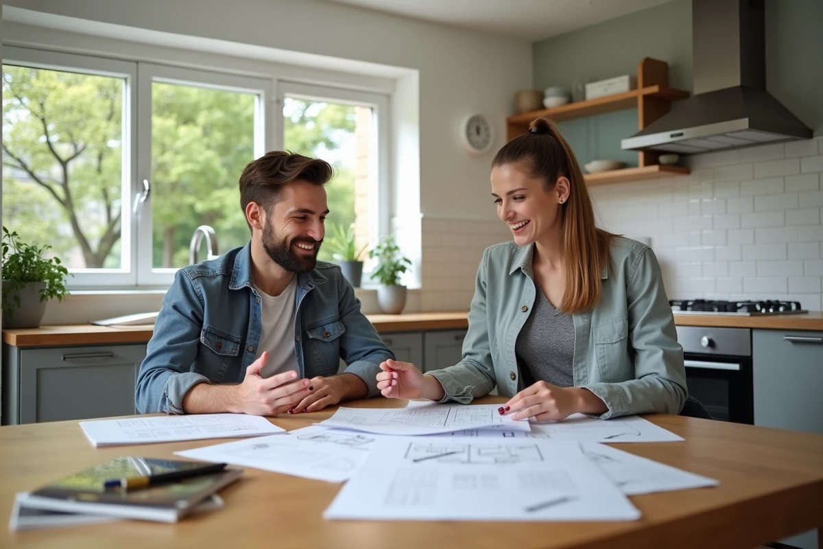 Jeune femme et conseiller discutant plans de renovation dans une cuisine moderne