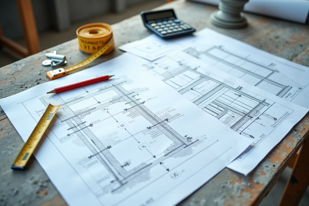 Plans structuraux et calculs de volume de béton en m3 pour dalle, poutres et poteaux en béton armé posés sur une table de chantier