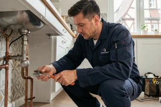 Plombier professionnel en intervention sous un évier dans un appartement moderne de Strasbourg