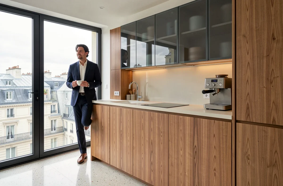 Cuisine Poggenpohl collection +ARTESIO en chêne et verre graphite avec vue panoramique sur les toits de Paris dans un penthouse