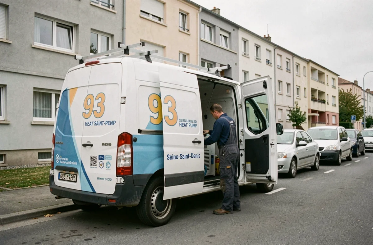 Technicien de Pompe à Chaleur 93 déchargeant du matériel depuis son véhicule de service devant un immeuble résidentiel en Seine-Saint-Denis