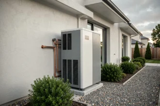 Pompe à chaleur air eau installée en extérieur sur la façade d'une maison individuelle moderne avec tuyaux en cuivre et jardin entretenu