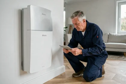 Pompe à chaleur Atlantic air/air installée dans un salon moderne par un technicien professionnel