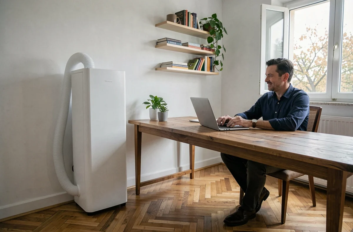 Pompe à chaleur mobile installée sans travaux dans un bureau à domicile avec tuyau d'évacuation