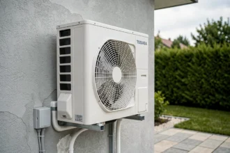Unité extérieure de pompe à chaleur Toshiba installée sur la façade d'une maison contemporaine