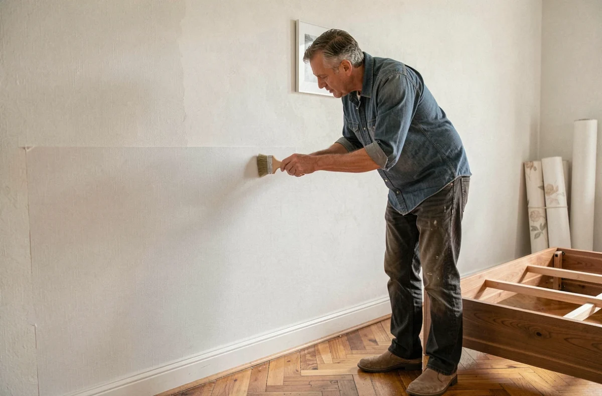 Poseur de papier peint intissé blanc appliquant un lé dans une chambre en cours de rénovation
