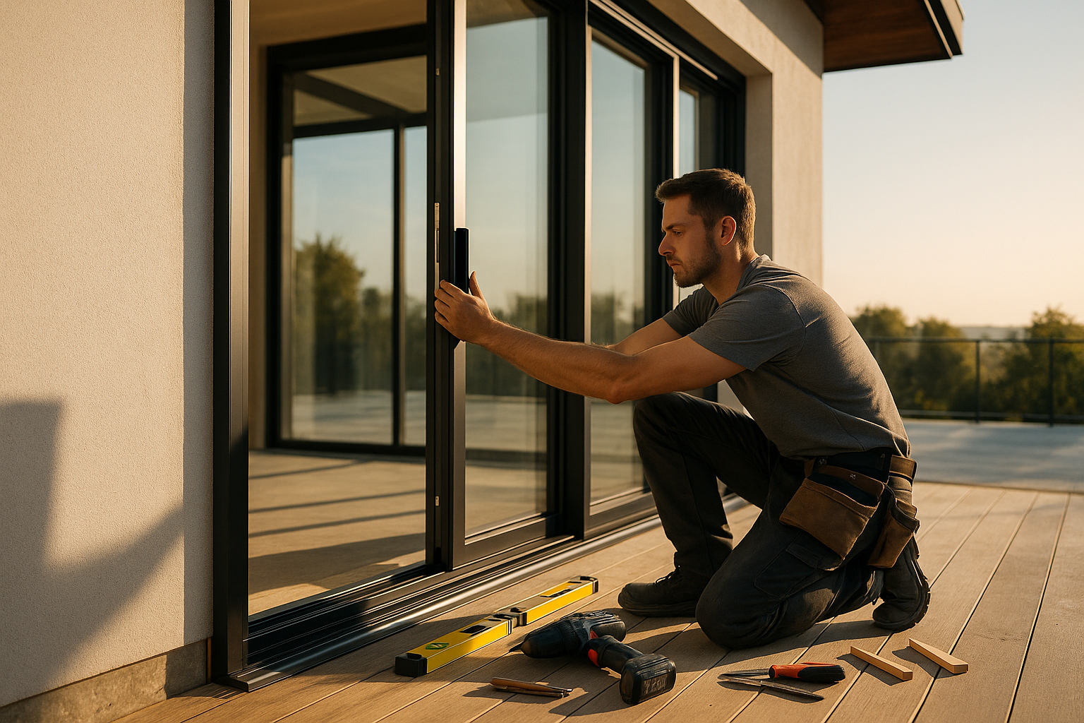 Artisan installant des portes-fenêtres contemporaines en noir sur la terrasse