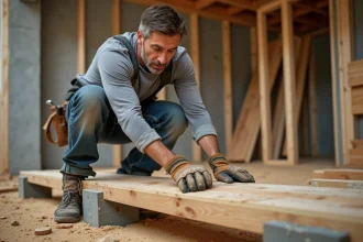 Charpentier posant une solive de plancher en bois sur des supports métalliques dans une maison en construction