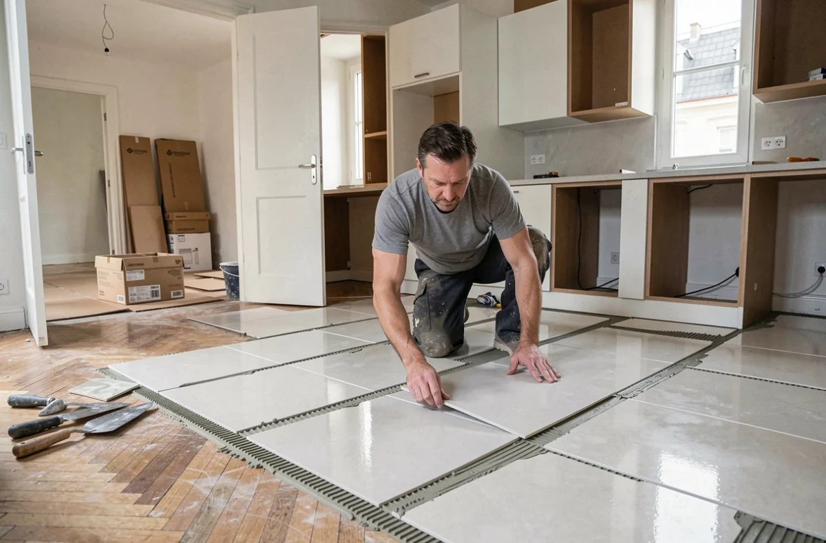Artisan de PRO-SURFACES MULTISERVICES posant des carreaux grand format dans une cuisine parisienne en cours de rénovation avec des caissons déjà installés