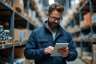 Professionnel du bâtiment consultant le site TravauxSuccess.fr sur une tablette dans un entrepôt de matériaux de construction
