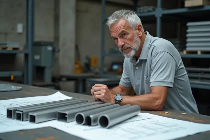 Ingénieur comparant des profils de tubes en aluminium sur un établi d'atelier industriel