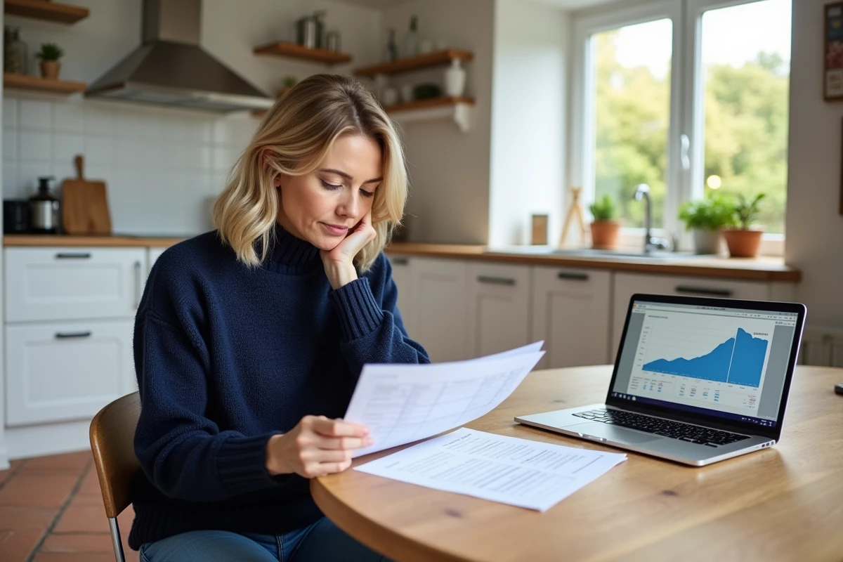 Propriétaire analysant les résultats d'un audit thermique sur rapport papier et ordinateur portable dans une cuisine moderne