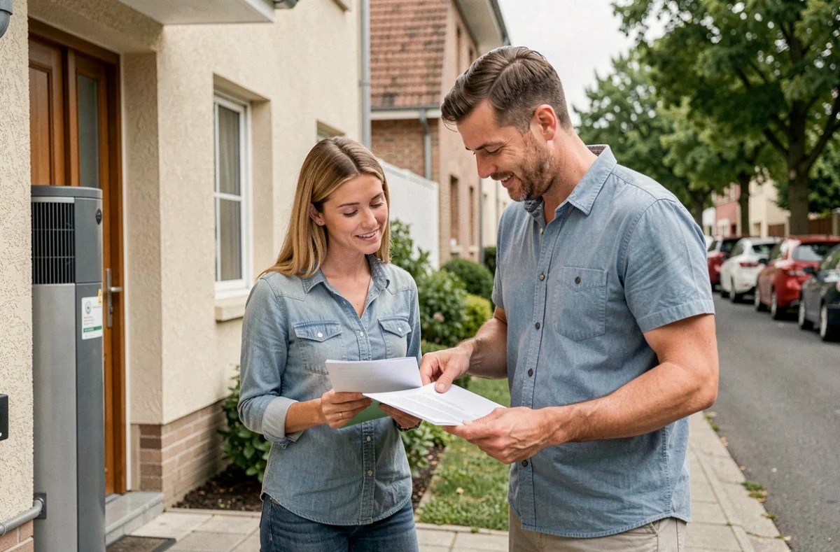 Couple de propriétaires consultant des documents de demande de prime pour pompe à chaleur air eau devant leur maison rénovée
