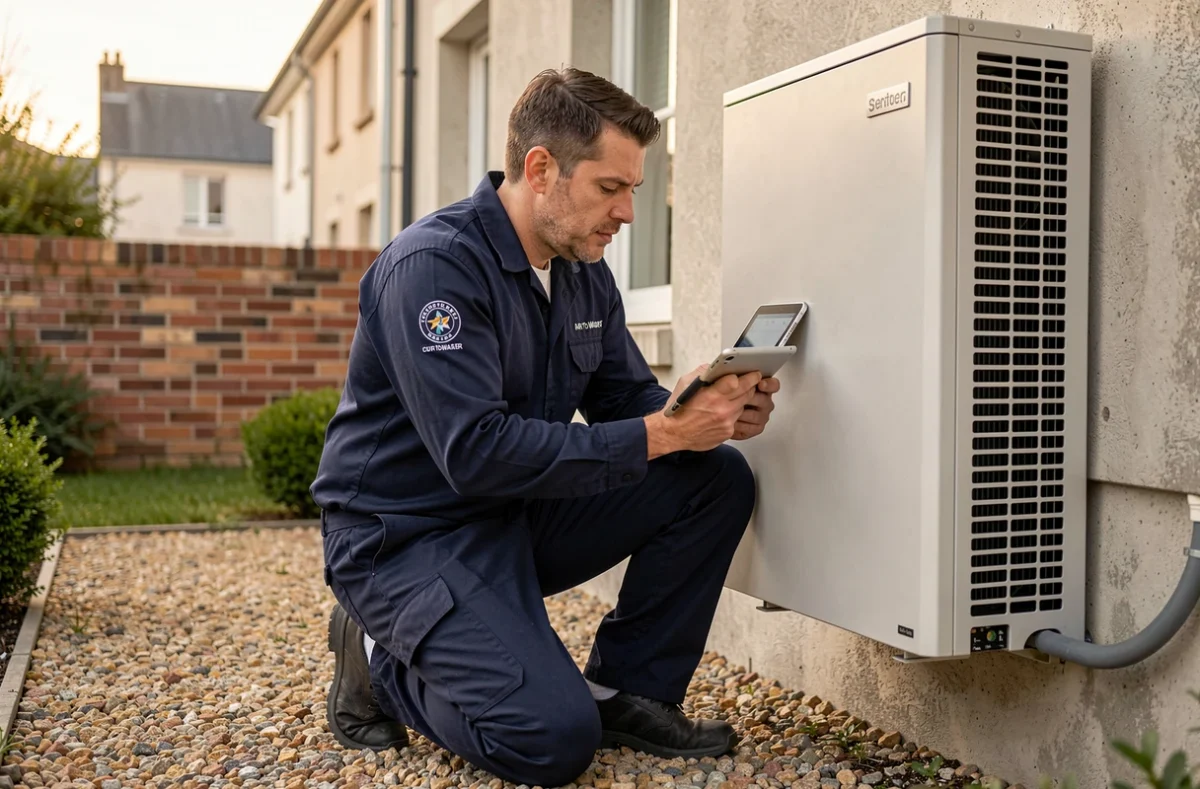 Technicien de Proxiserve en uniforme marine inspectant une pompe à chaleur air-eau installée sur la façade d'une maison pavillonnaire