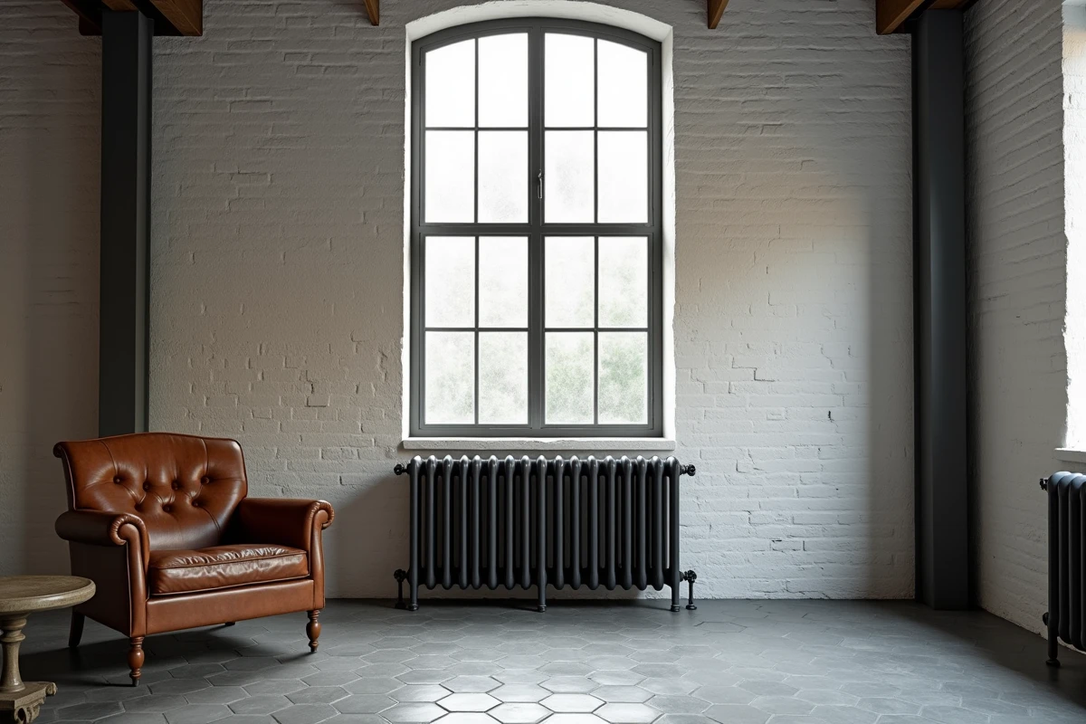 Radiateur fonte sur pieds décoratifs industriels dans loft rénové avec briques apparentes et carrelage hexagonal