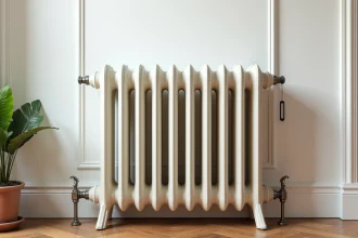 Radiateur ancien en fonte rénové peint en blanc mat contre un mur en plâtre dans un appartement haussmannien avec parquet en chêne
