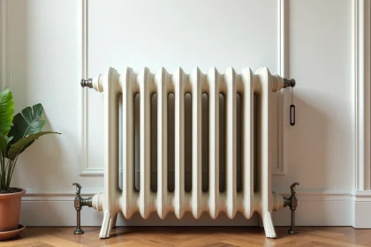 Radiateur ancien en fonte rénové peint en blanc mat contre un mur en plâtre dans un appartement haussmannien avec parquet en chêne