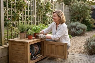 Femme rangeant des outils de jardin dans un banc coffre en bois sur une terrasse bien organisée