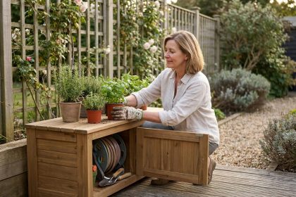 Femme rangeant des outils de jardin dans un banc coffre en bois sur une terrasse bien organisée