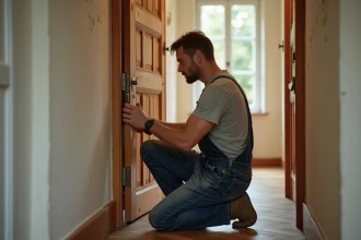 Artisan inspectant les trois gonds d'une porte intérieure en bois dans un couloir d'appartement, réglage sans vis visible