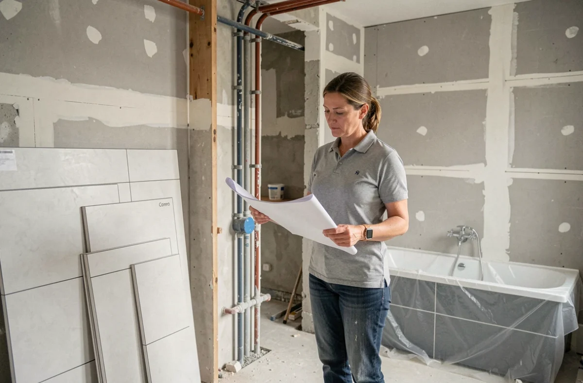 Chantier de rénovation complète de salle de bain par Renaissances Rénovations à Strasbourg avec matériaux neufs en attente de pose