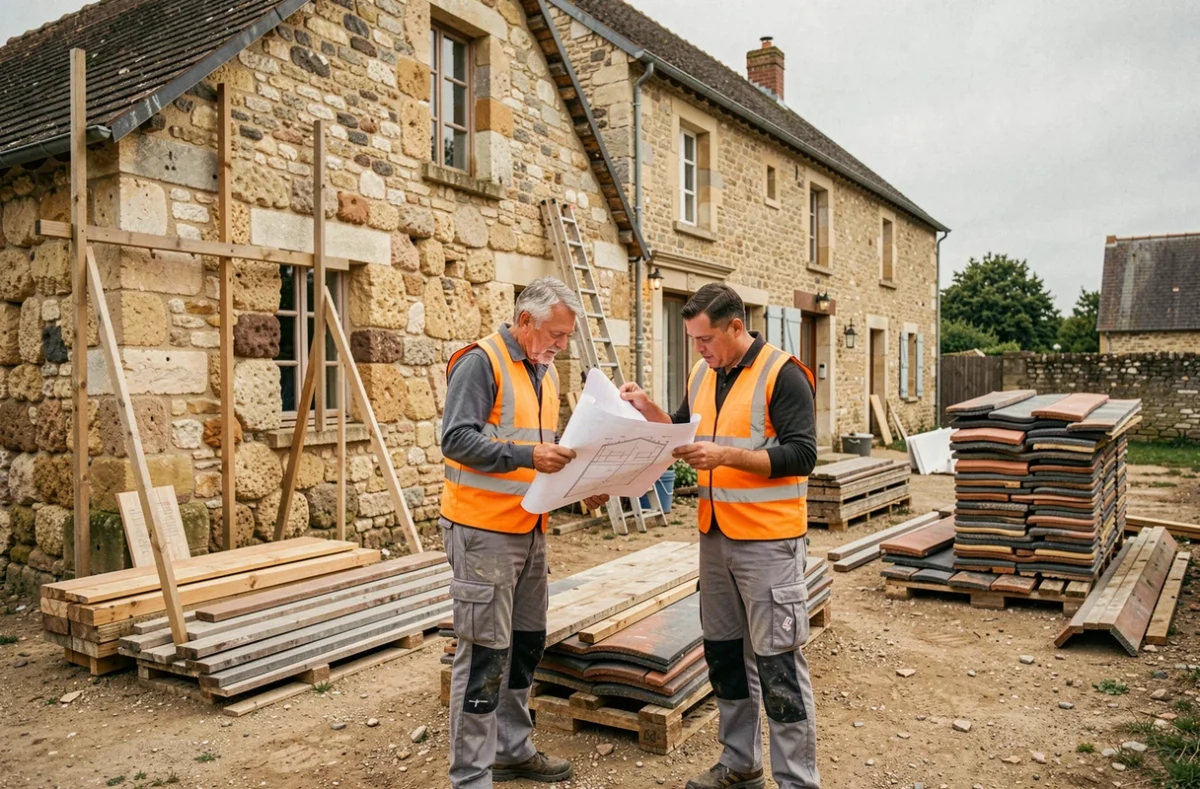 Ouvriers de Renov'construction 37 étudiant des plans devant une maison ancienne en cours de rénovation complète en Indre-et-Loire