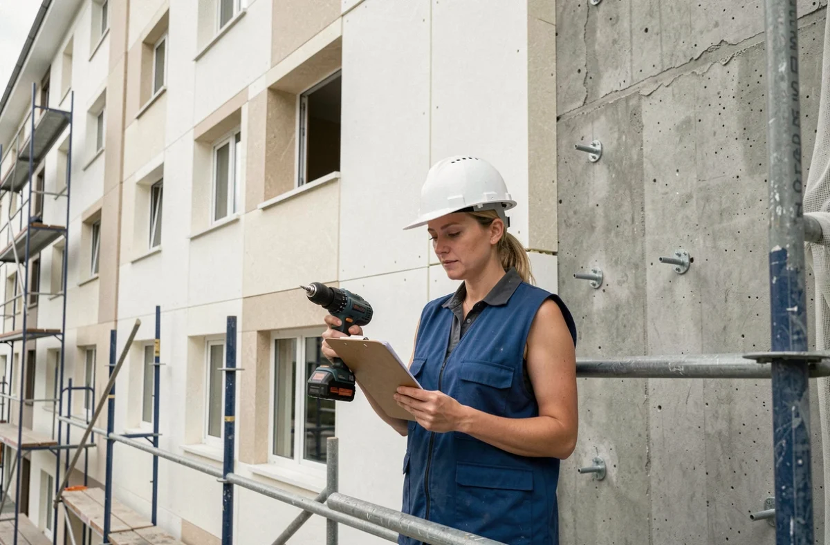 Professionnelle du bâtiment sur échafaudage supervisant la pose de fixations sur une façade en cours d'isolation thermique par l'extérieur