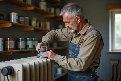 Homme en overalls ponçant un radiateur en atelier