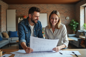 Femme d'âge moyen examinant des plans de rénovation dans un sous-sol moderne