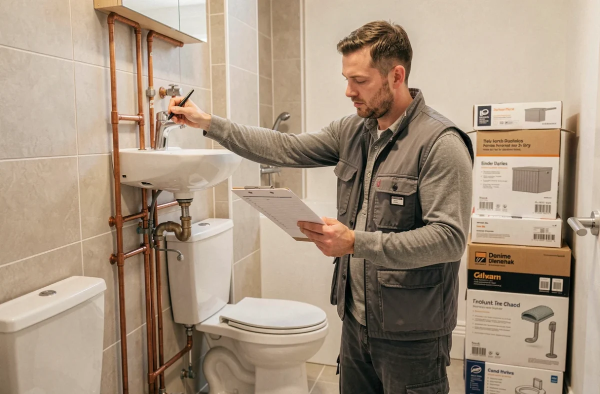 Installateur polyvalent RSP Services gérant simultanément plomberie et finitions dans une salle de bain résidentielle