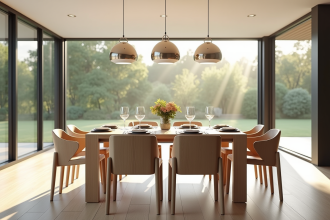Salle à manger lumineuse avec grande table en bois clair