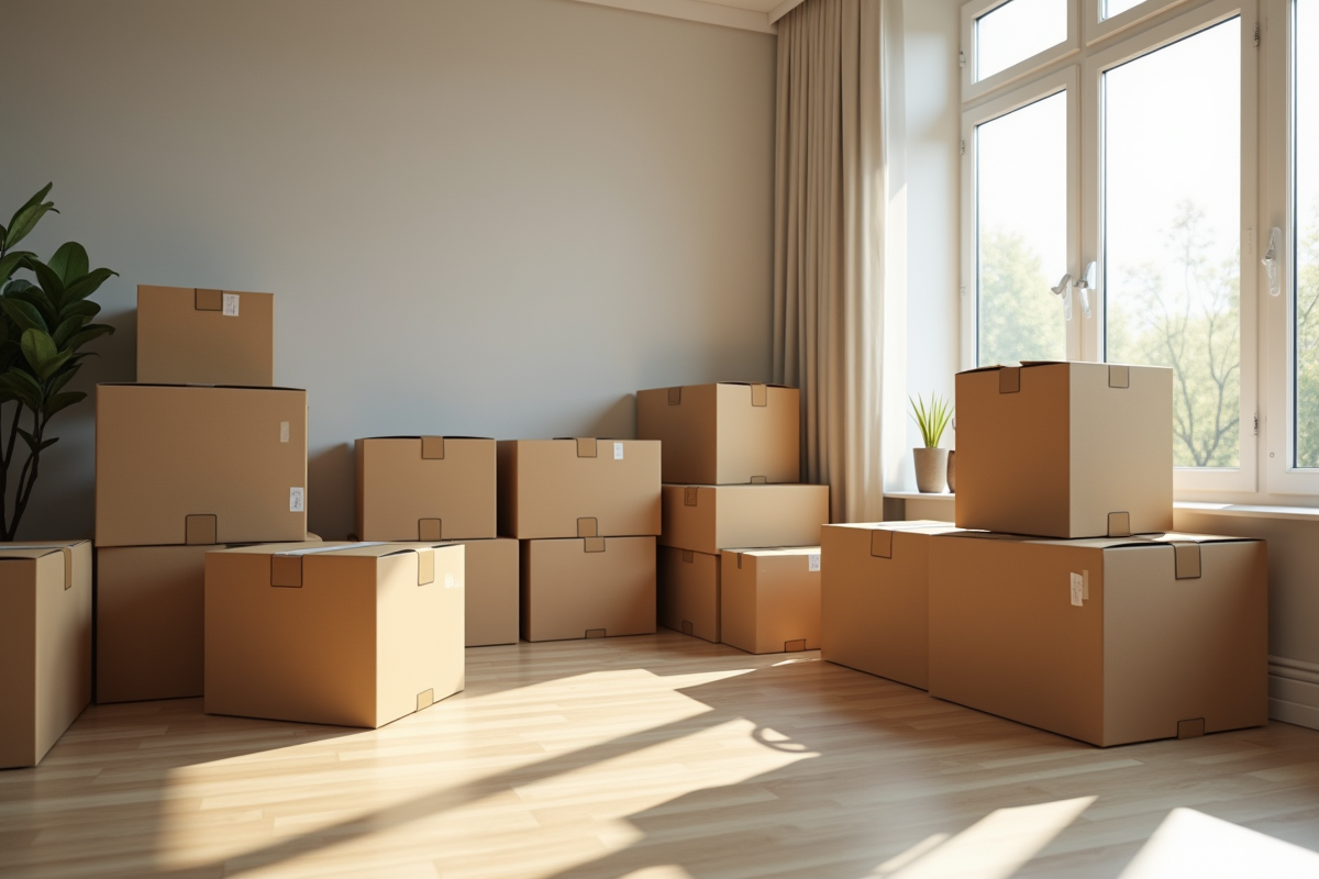 Salon moderne avec cartons prêts pour déménagement article