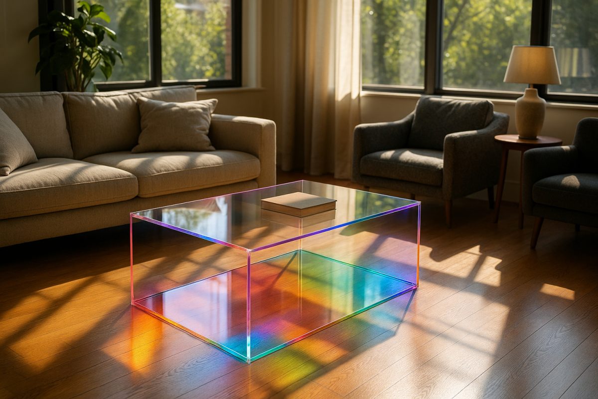 Salon moderne avec table en plexiglas élégante et lumière naturelle