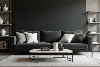 Salon moderne avec canapé gris anthracite en velours, coussins blancs et mur noir, déco minimaliste noir gris blanc