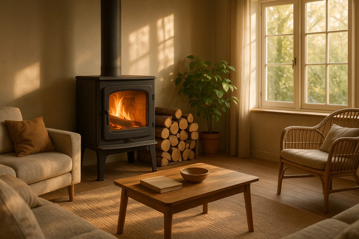 Salon moderne avec cheminée à bois chaleureuse