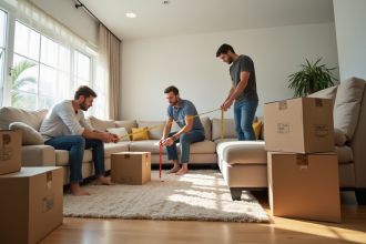 Salon spacieux avec cartons de déménagement et personnes mesurant un canapé