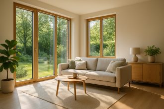 Salon moderne lumineux avec grandes fenêtres en bois