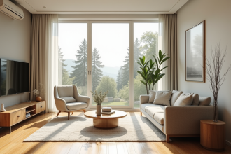Salon moderne et spacieux avec grande fenetre et lumière naturelle