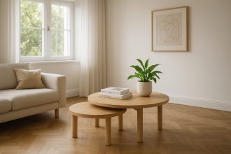Photo d'un salon moderne avec parquet en bois et tables basses rondes