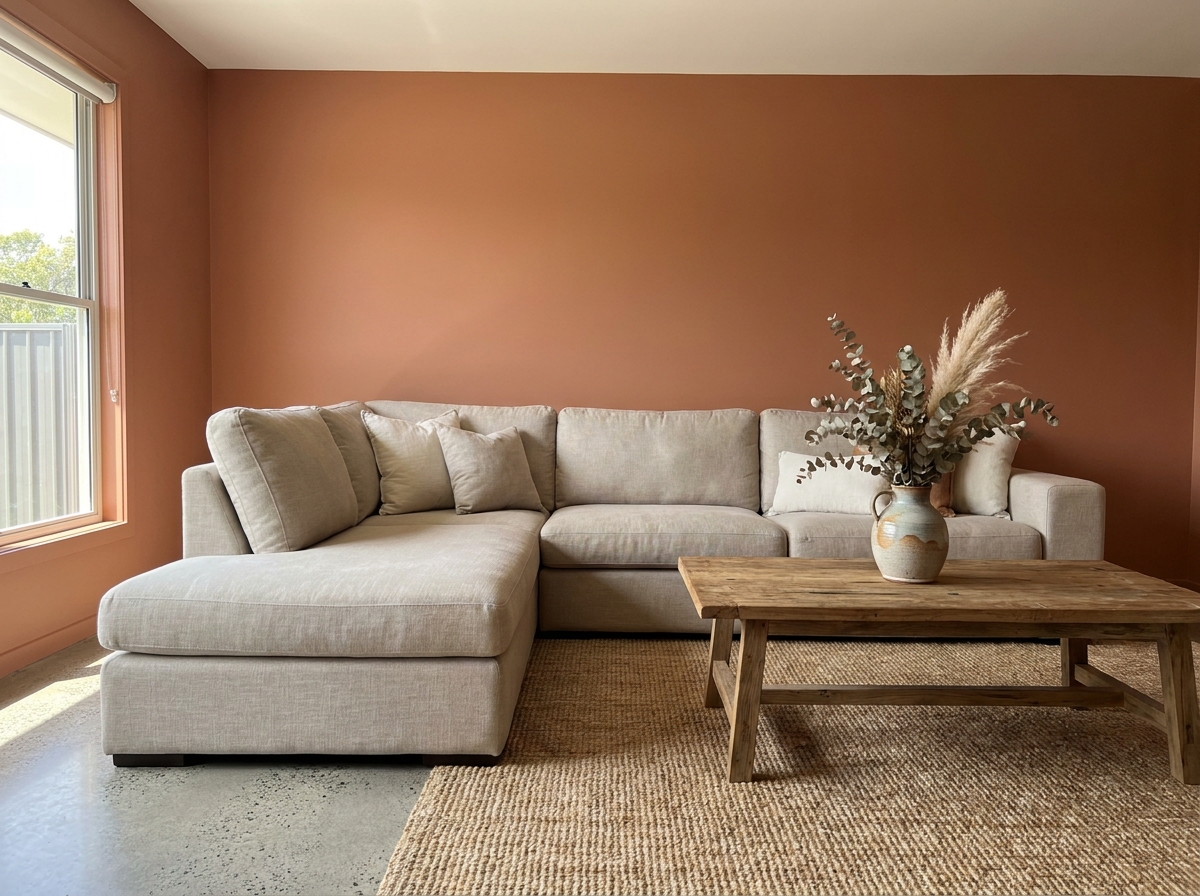 Salon moderne aux murs peints en terracotta créant une ambiance chaleureuse et cosy avec une décoration naturelle
