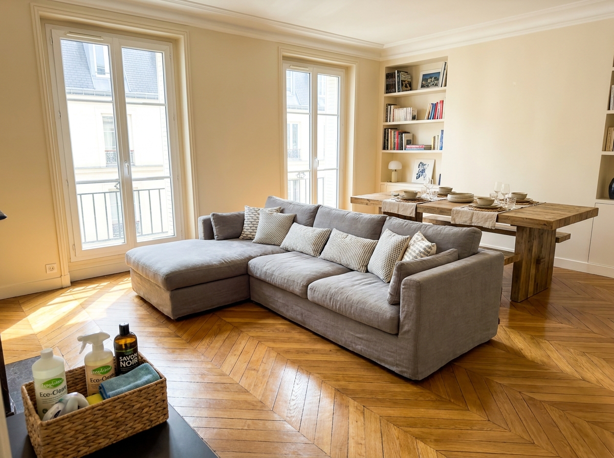 Salon moderne impeccablement entretenu après un service de ménage professionnel à Courbevoie