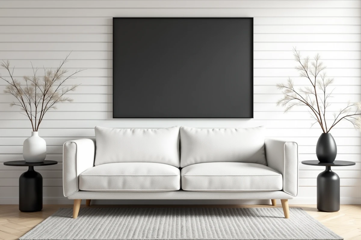 Salon scandinave avec canapé blanc bouclé, tapis gris et décoration murale noire, style minimaliste noir gris blanc