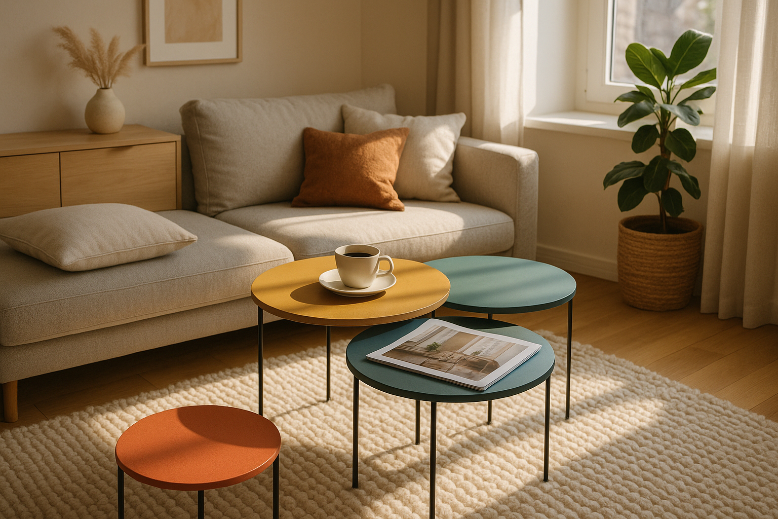 Salon scandinave avec tables basses colorées et tapis en laine