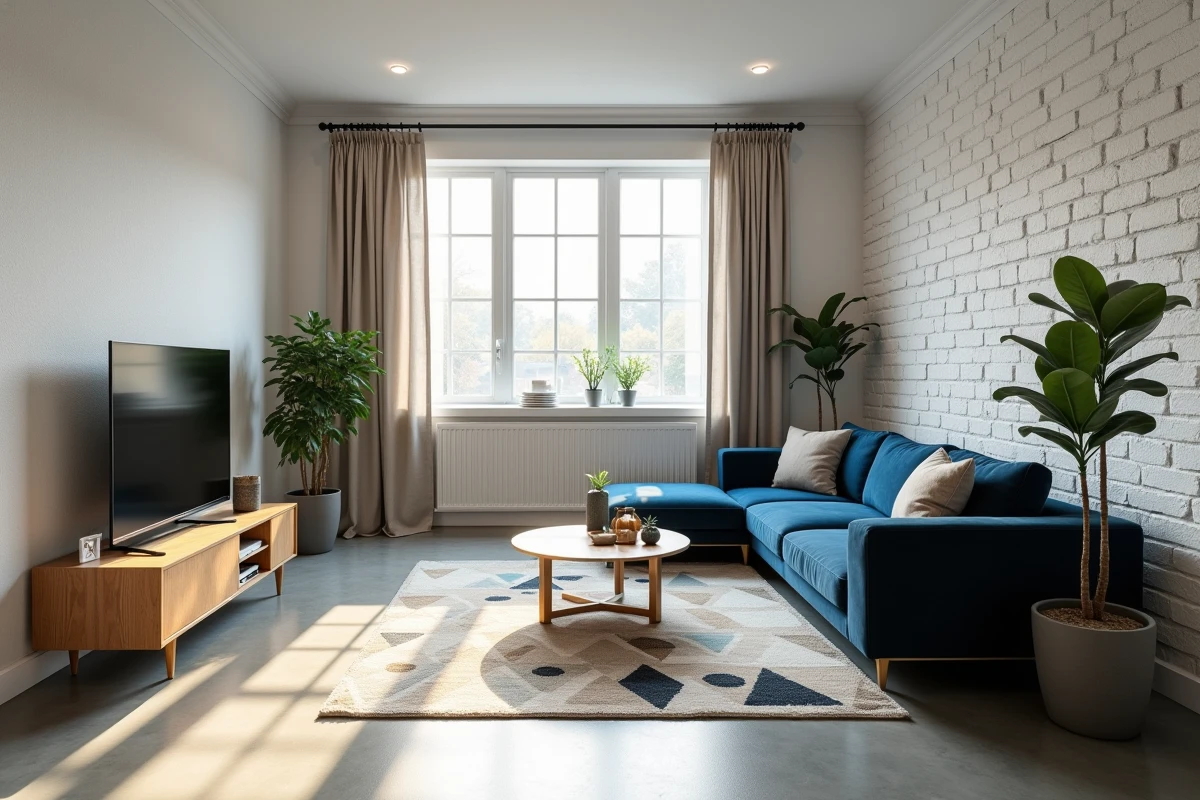 Salon transformé grâce à une application de décoration intérieure avec canapé velours bleu, tapis géométrique et plante verte