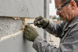 Ouvrier insérant un scellement chimique dans une façade isolée avec couche d'isolant visible en coupe
