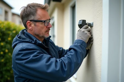 Installateur professionnel injectant une résine chimique dans un trou de cheville sur une façade extérieure pour fixer un store banne lourd