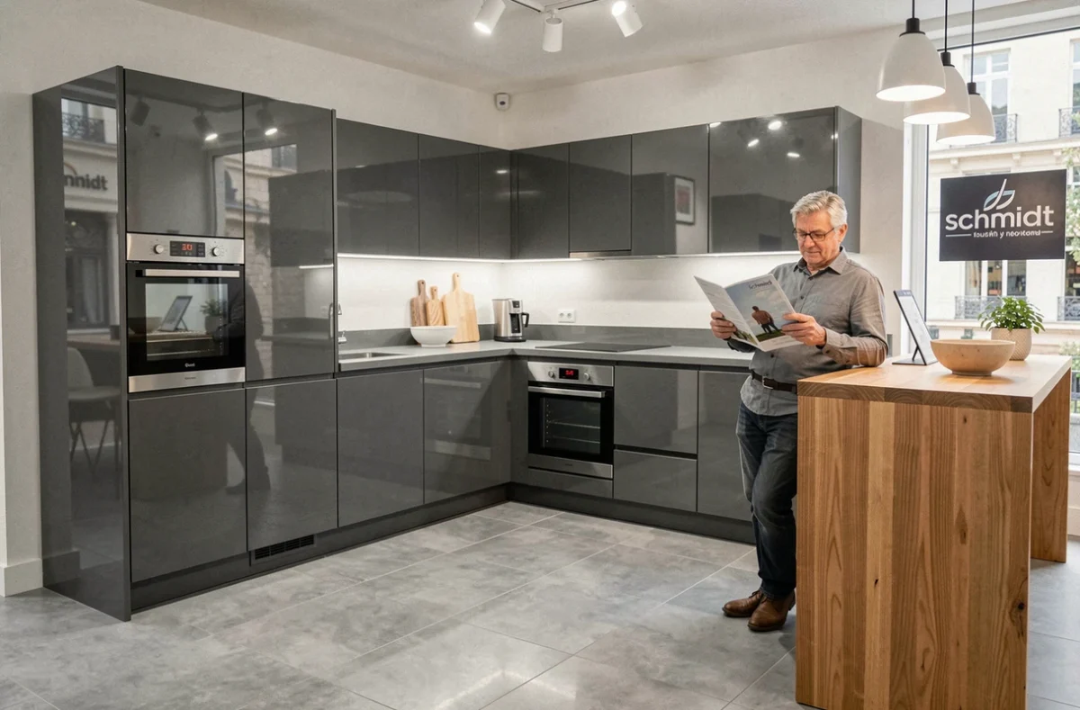 Cuisine Schmidt en U avec caissons anthracite haute brillance et bar en chêne massif dans un showroom parisien
