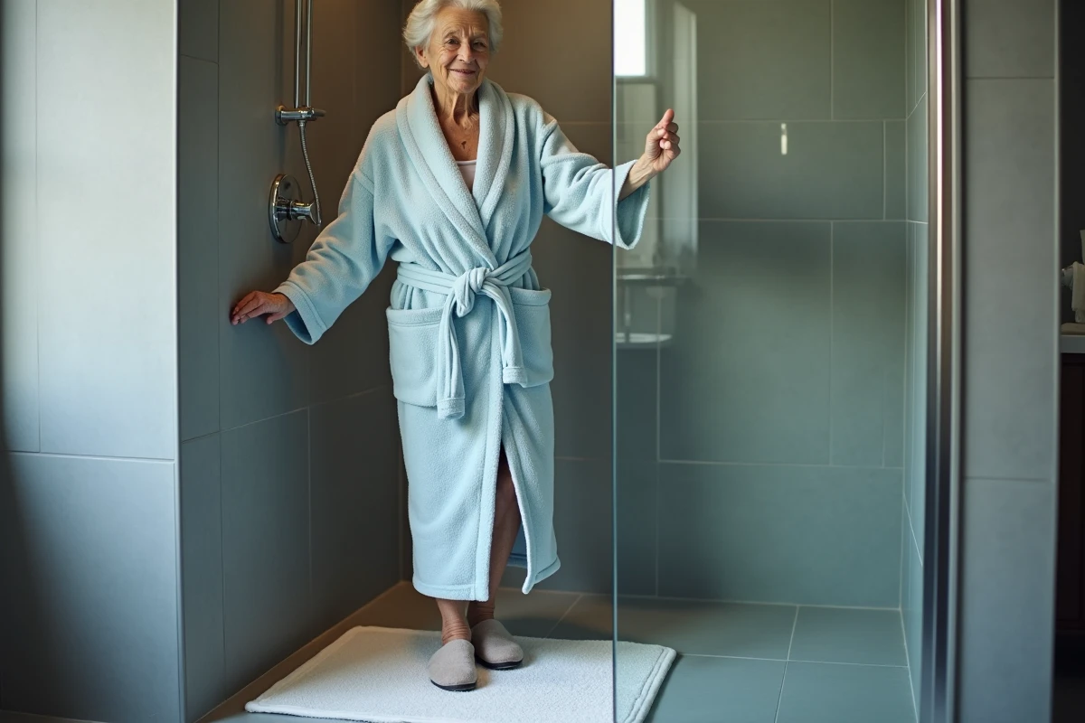 Femme âgée en robe de bain sortant d'une douche en toute sécurité grâce à un tapis antidérapant en salle de bains