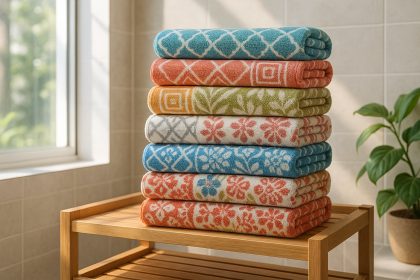 Photo hyperrealiste d'une pile de serviettes colorées pliées dans un salle de bain lumineuse