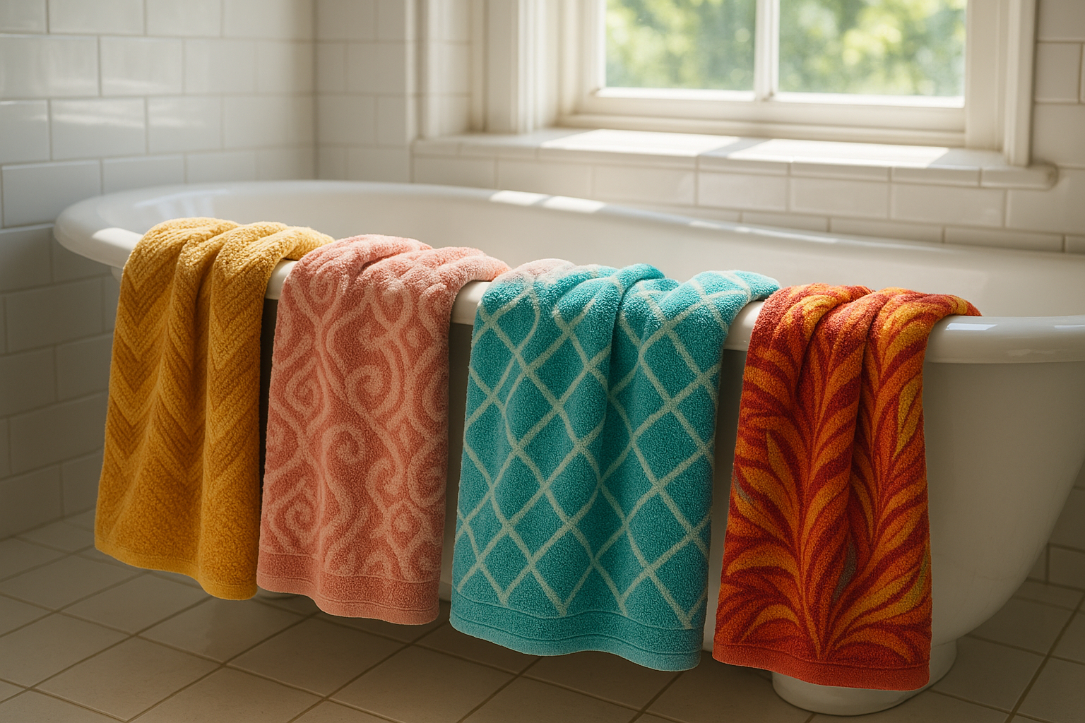 Serviettes de bain douces et colorées suspendues au bord de la baignoire avec lumière naturelle